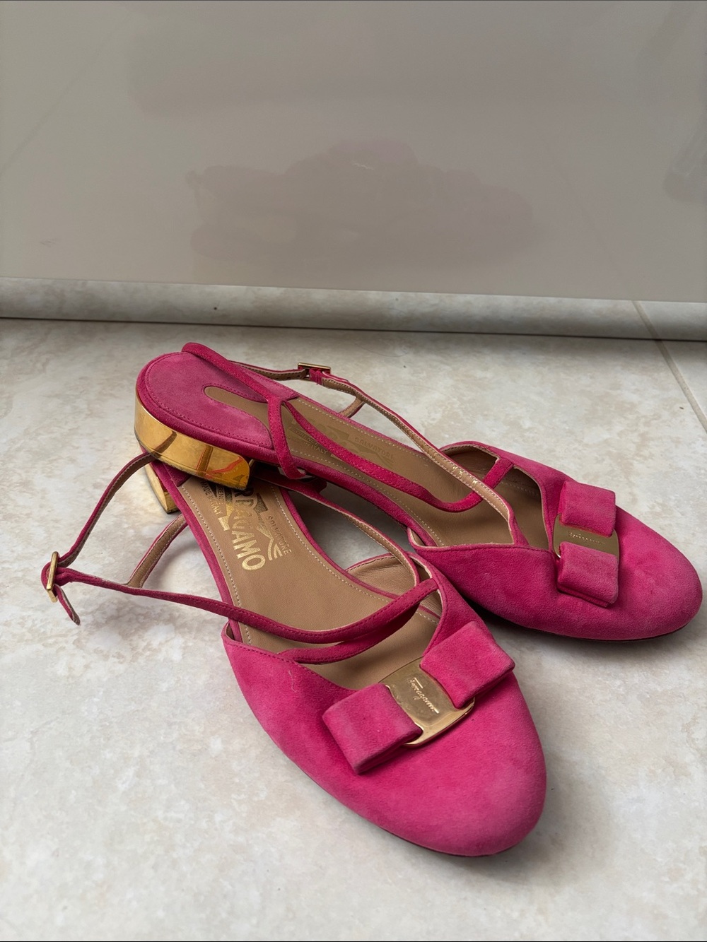 Salvatore Ferragamo Fuchsia Suede Bow Slingback Sandals - Picture 5 of 5